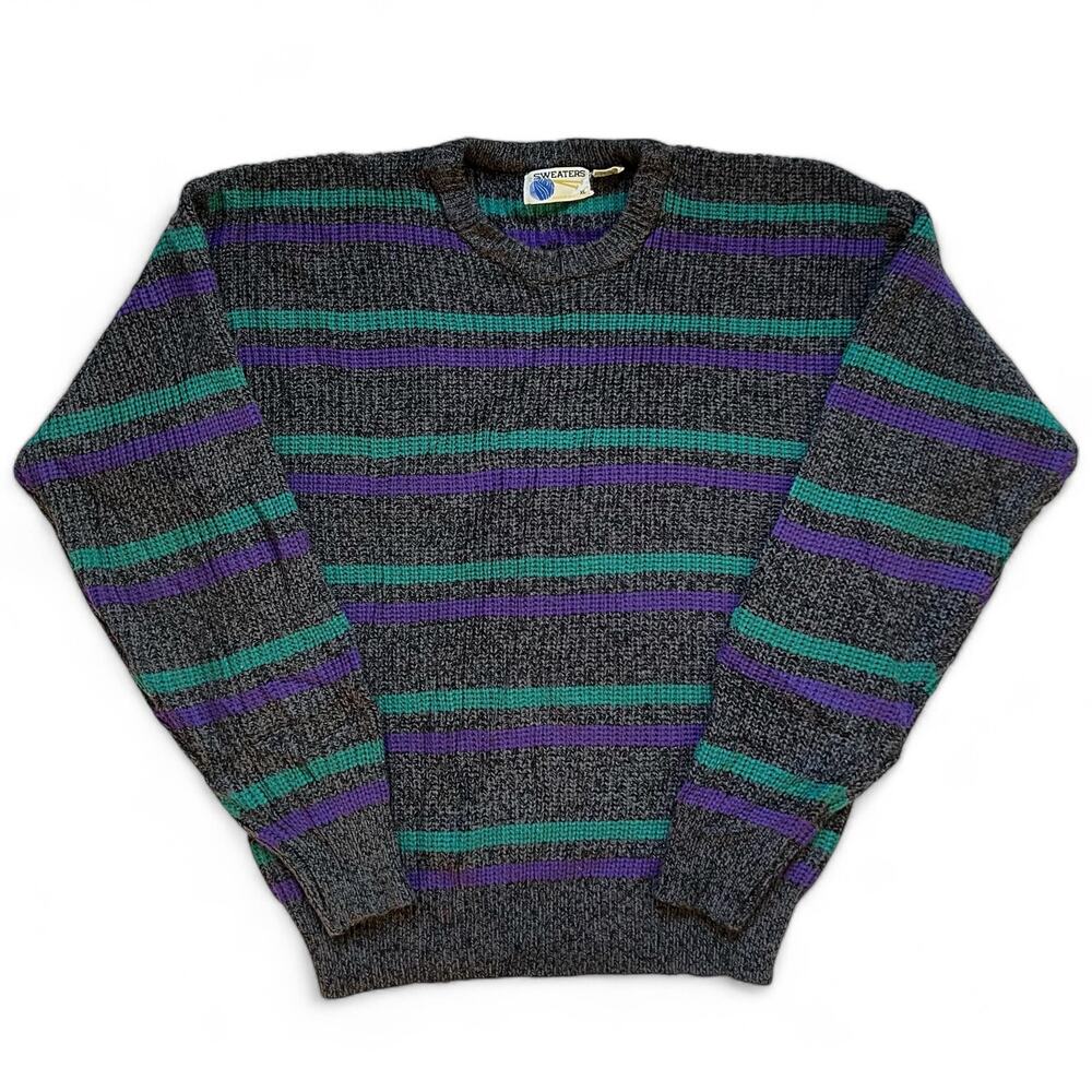 Vintage 90s Striped Gray Purple Teal Sweater Crewneck Ski XL Acrylic Preppy M